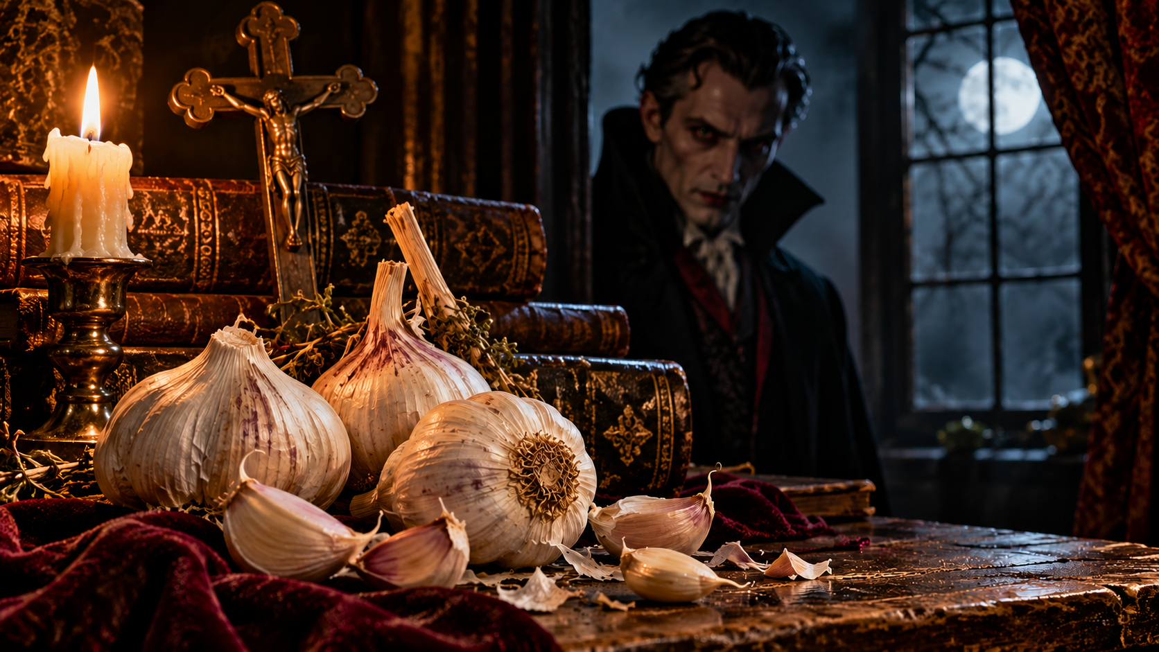 Candlelit Garlic Against Dracula’s Shadow